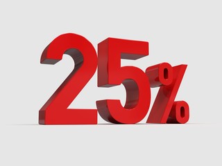 Red 25% Percent Discount 3d Sign on White Background