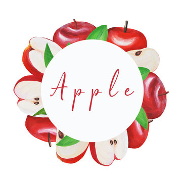  collection. Red Apple. Fruit set. Pattern. Border. Frame. Hand drawing. Delicate fruit drawn and isolated in gouache in the style of realism. Suitable for corporate identity, concentration.