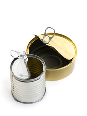 Open two empty tin cans on a white background