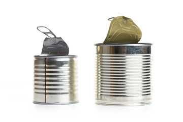 Open two empty tin cans on a white background