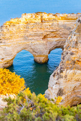 Beautiful view of Praia da Marinha. Rocks, cliff  and green plants in Algarve, Faro, Portugal....
