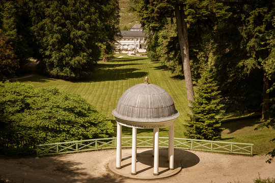 View of the friendship temple opposite the manor house in the background in the state park for princely camps in Bensheim