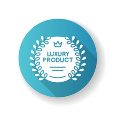 Luxury product blue flat design long shadow glyph icon. Brand equity, prestigious company status. Premium product emblem with laurel wreath and crown silhouette RGB color illustration