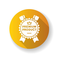 Premium product yellow flat design long shadow glyph icon. Top class product and service, brand equity. Royal class, best, superior goods badge with crown silhouette RGB color illustration