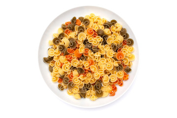 Pasta mushrooms in a white bowl. Isolated. Top view.