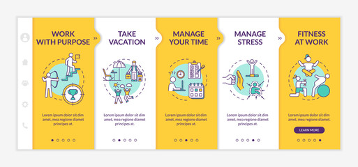Avoid burnout onboarding vector template. Take vacation. Keep satisfaction level. Stretching in office. Responsive mobile website with icons. Webpage walkthrough step screens. RGB color concept