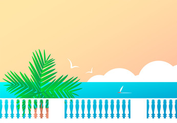 Summer landscape of a sea resort. Embankment with palm tree and seagulls. Vector illustration for background with place for text.