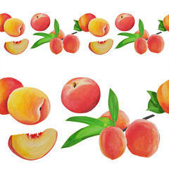  collection. peach. Fruit set. Pattern. Border. Frame. Hand drawing. Delicate fruit drawn and isolated in gouache in the style of realism. Suitable for corporate identity, concentration.