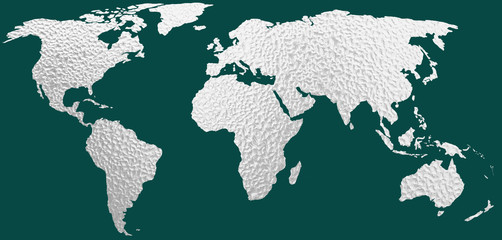 Earth map with shining grey steel texture concept and green teal background
