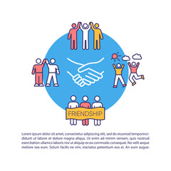 Obraz premium Friendship concept icon with text. Diverse friends unity. Mates spending time together PPT page vector template. Brochure, magazine, booklet design element with linear illustrations