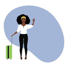 Fashionable African Girl, with a colored suitcase waves her hand. Stock vector flat illustration on a transparent background with an empty space for text. Template for tourism.