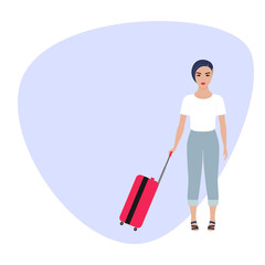 Fashionable European tanned Girl in a trousers and t-shirt, with a colored suitcase. Stock vector flat illustration on a transparent background with an empty space for text. Template for tourism.