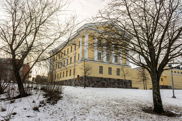 Fototapeta na wymiar Helsinki, Finland. The Ministry for Foreign Affairs (Ulkoministerio) in a cold winter day, covered in ice and snow