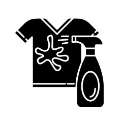 Stain removal black glyph icon. Laundry, launderette, clothes washing and dry cleaning service. Spray detergent, dirty stain remover. Silhouette symbol on white space. Vector isolated illustration