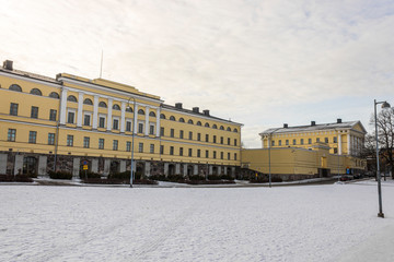 Fototapeta na wymiar Helsinki, Finland. The Ministry for Foreign Affairs (Ulkoministerio) in a cold winter day, covered in ice and snow
