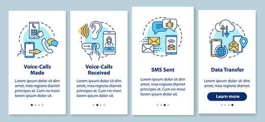 Voice-calls making and receiving onboarding mobile app page screen with concepts. SMS and data transfer walkthrough 4 steps graphic instructions. UI vector template with RGB color illustrations