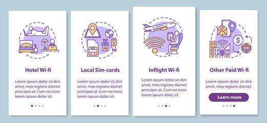 WI-fi types and local SIM-card onboarding mobile app page screen with concepts. Hotel and inflight paid Wi-fi walkthrough 4 steps graphic instructions. UI vector template with RGB color illustrations