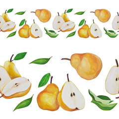  collection. yellow pear. Fruit set. Pattern. Border. Frame. Hand drawing. Delicate fruit drawn and isolated in gouache in the style of realism. Suitable for corporate identity, concentration.