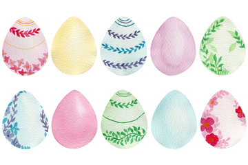 set of colorful Easter eggs isolated on white, watercolor Easter egg decorations in pastel colors