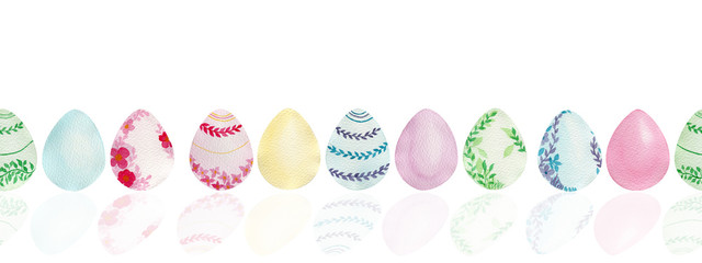 Easter banner design of ornamental border with cute Easter eggs, watercolor seamless border with pastel colored eggs on white