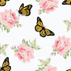 Roses and butterflies on a white background. Flower pattern. Seamless floral pattern with birds. Elegant and romantic background. Vector