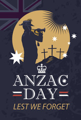 Silhouette of a trumpet soldier against the background of the stars of the Australian flag and the place of memory of the past war. Vector illustration Anzac Day