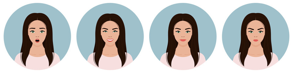 A set of four round female avatars with different emotions: joy, happiness, surprise, anger. A young European girl with brown hair. Vector flat stock illustration on a transparent background