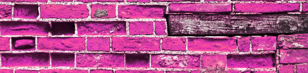 Pink, long brick wall, as a background texture for design - in panorama / header / banner.