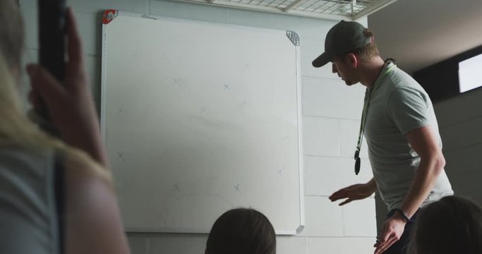 Hockey coach explaining game plan with female players in locker room