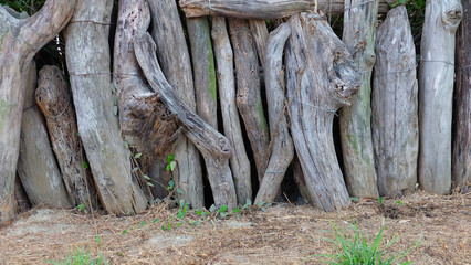 Thick tree logs arranged and tied together to form a wall.