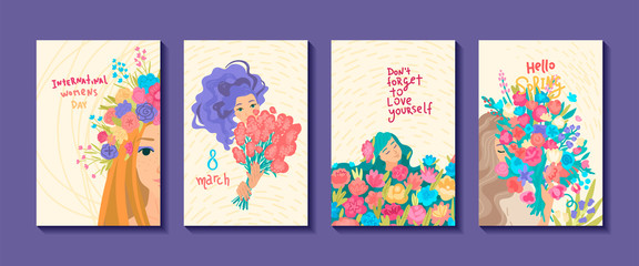 International Women's Day. Set of greeting cards. Vector templates for card, poster design. Cartoon illustration