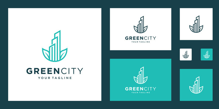 green city logo design vector template building. minimalist outline symbol for environmentally friendly buildings.