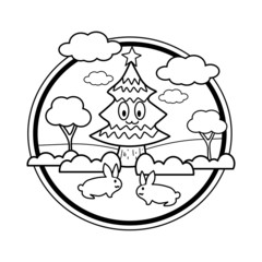 coloring page for kid , tree with star at top of tree and cloud with two little rabbits