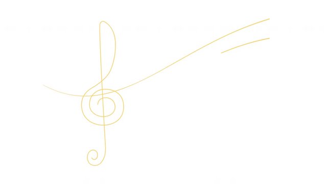 Self drawing animation of violin clef and printed text. Concept of music art and concert. Copy space. White background.