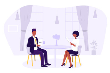 Beautiful couple eating in an upmarket restaurant seated at a table looking at the menu before ordering, vector illustration