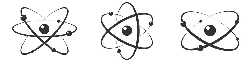 Atom icon in flat design. Set gray molecule symbol or atom symbol isolated. Vector illustration - obrazy, fototapety, plakaty