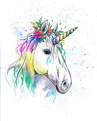 Hand drawn watercolor white unicorn head sketch - 327040523