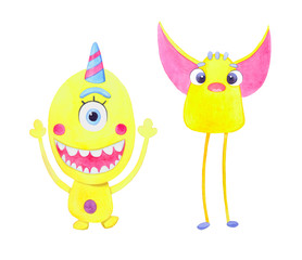 Set of yellow cute colorful monsters. Watercolor cartoon characters.