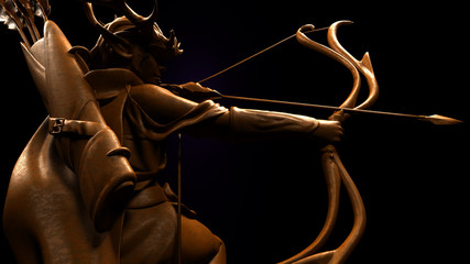 3D composite illustration of Elven Ranger with bow and arrow in an action shot. Sculpture. 3D rendering. Art