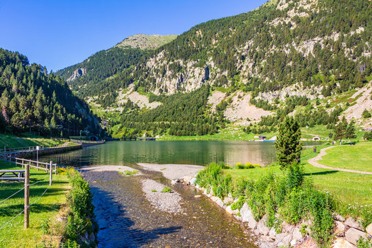 View of the river that unleashes in the lake of Nuria Valley, Catalonia, Spainey, Catalonia, Spain