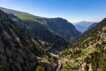 Aerial view of the route made by the rack railway to climb to the top of the Nuria Valley, Catalonia, Spain