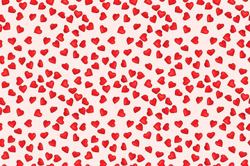Seamless pattern from red hearts in chaotic order. Cartoon style. 3d illustration. Print for card or paper or fabric textile texture.