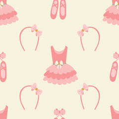 Seamless pattern of ballerina dress, headbands and dance shoes on a creme background.