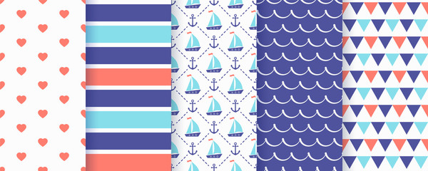 Nautical, sea seamless pattern. Vector. Marine backgrounds with anchor, stripe, sailboat, wave and triangle flags. Set summer texture. Geometric print for baby shower, scrapbooking. Color illustration