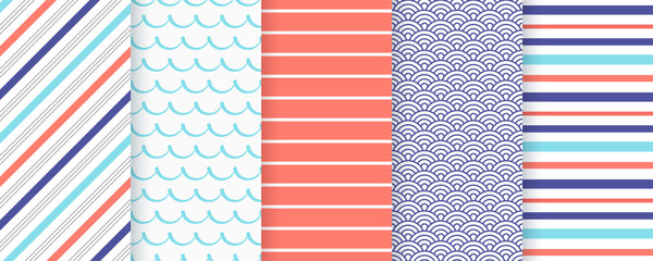 Marine seamless pattern. Vector. Nautical sea backgrounds with stripes and waves. Set blue summer prints. Geometric texture for baby shower, scrapbooking. Color illustration