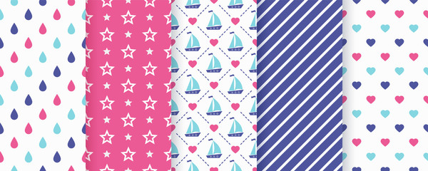 Nautical, sea seamless pattern. Vector. Marine backgrounds with sailboat, stripe, star and hearts. Set summer texture. Geometric print for baby shower, scrapbooking. Color illustration