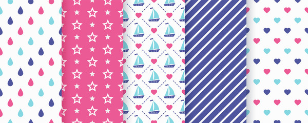 Fototapeta premium Nautical, sea seamless pattern. Vector. Marine backgrounds with sailboat, stripe, star and hearts. Set summer texture. Geometric print for baby shower, scrapbooking. Color illustration