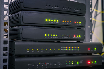 Telephone voice routers are in the data center. Equipment for Internet connection works in computer racks. Several digital communication gateways are in the server room.