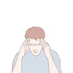 Vector illustration of a young man sitting holding his head with his hands, cartoon design