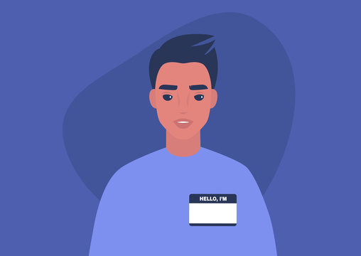 Young male character wearing a hello my name is tag, self introduction, millennial lifestyle